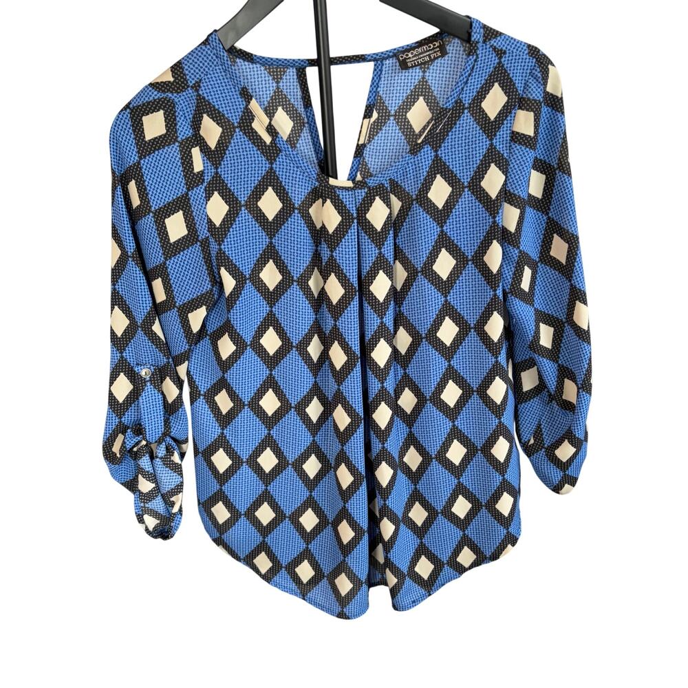 Papermoon womens diamond pattern 3/4 sleeve blouse. Size XS. workwear, date